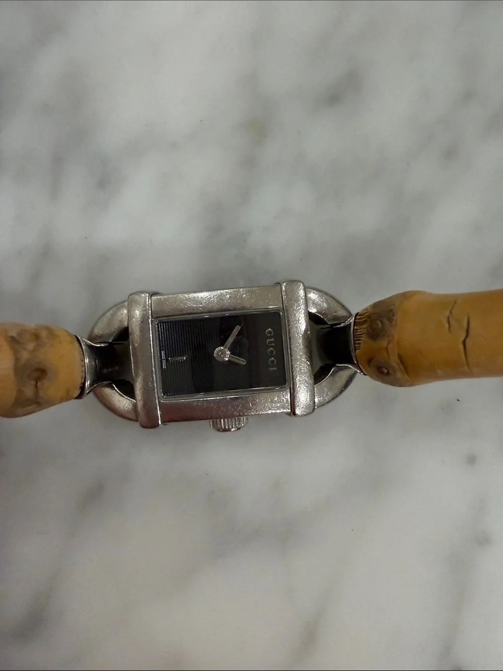 Gucci Bamboo-Style Tan Strap Silver Case Black Dial Watch